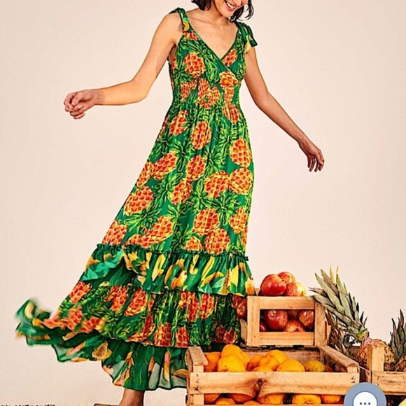 Farm Rio Pineapple Galore Smocked Waist Maxi Dress Small NWT - Picture 2 of 8